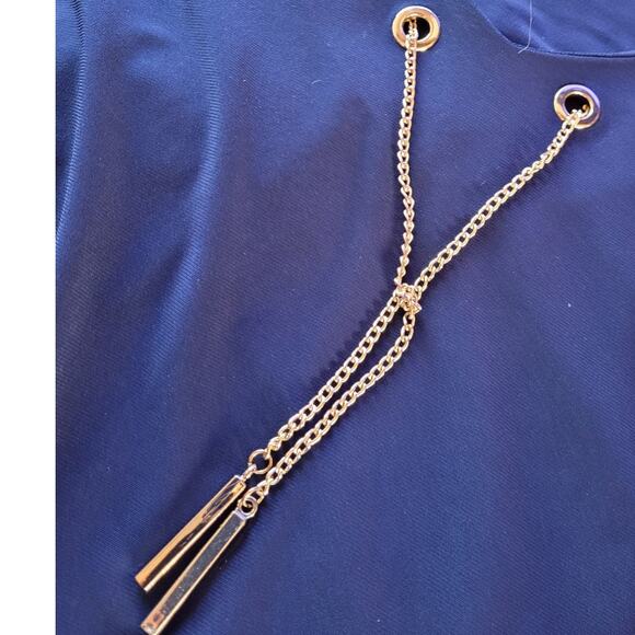 Nine West Blue Midi Dress M Gold Chain Necklace Bodycon Career Church Glam - Picture 7 of 9